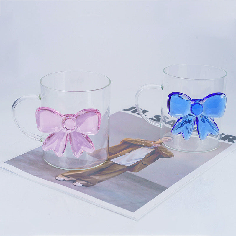 3D Bow Clear Glass Coffee Mug Princess Knot Tea Cup with Handle Creative Aesthetic Girl Drinkware