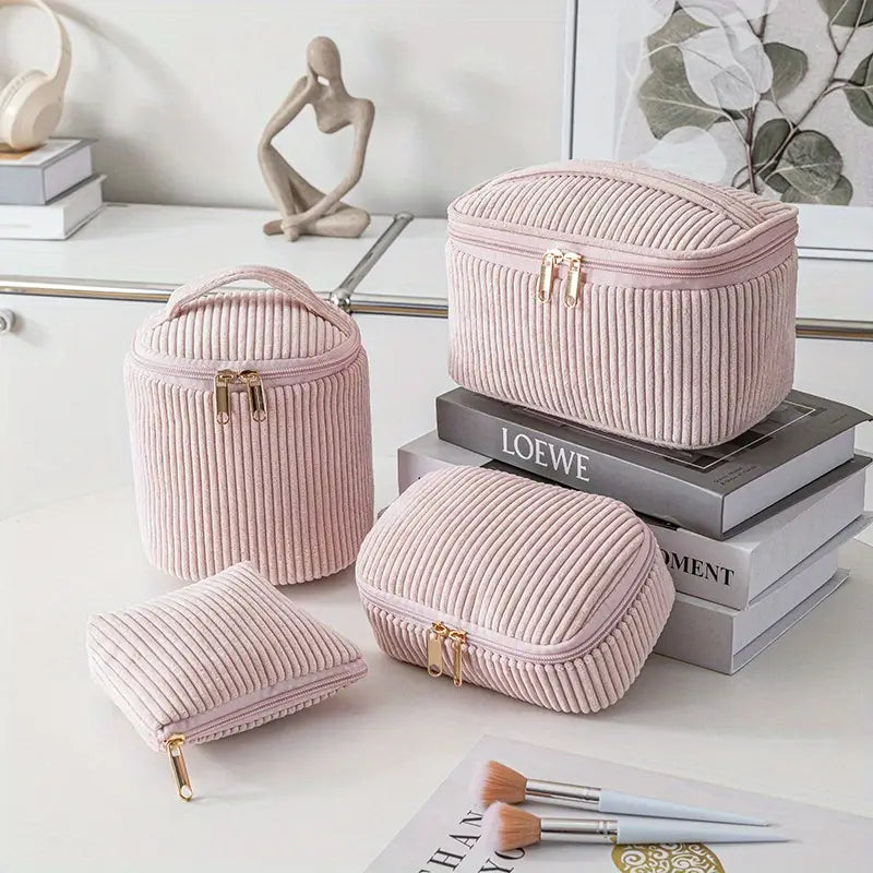 4-Piece Cosmetic Storage Bag Set Quilted & Corduroy Travel Organizer Pouches