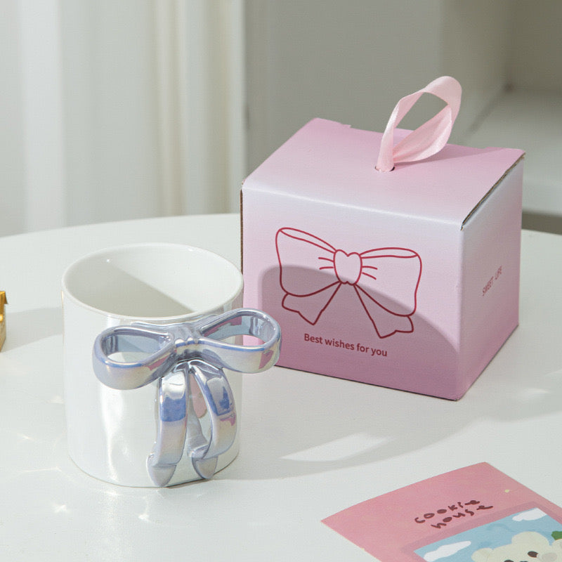 Creative Pearl Glaze Bow Ceramic Mug  Girl Heart Coffee Cup Cute Gift Water Mug for Women & Teens