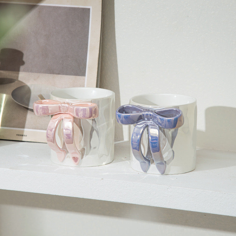 Creative Pearl Glaze Bow Ceramic Mug  Girl Heart Coffee Cup Cute Gift Water Mug for Women & Teens
