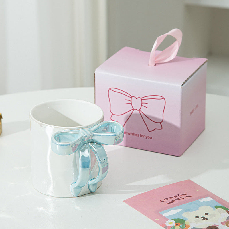 Creative Pearl Glaze Bow Ceramic Mug  Girl Heart Coffee Cup Cute Gift Water Mug for Women & Teens