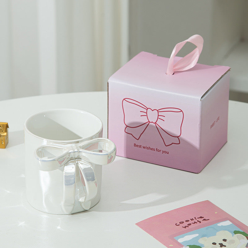 Creative Pearl Glaze Bow Ceramic Mug  Girl Heart Coffee Cup Cute Gift Water Mug for Women & Teens