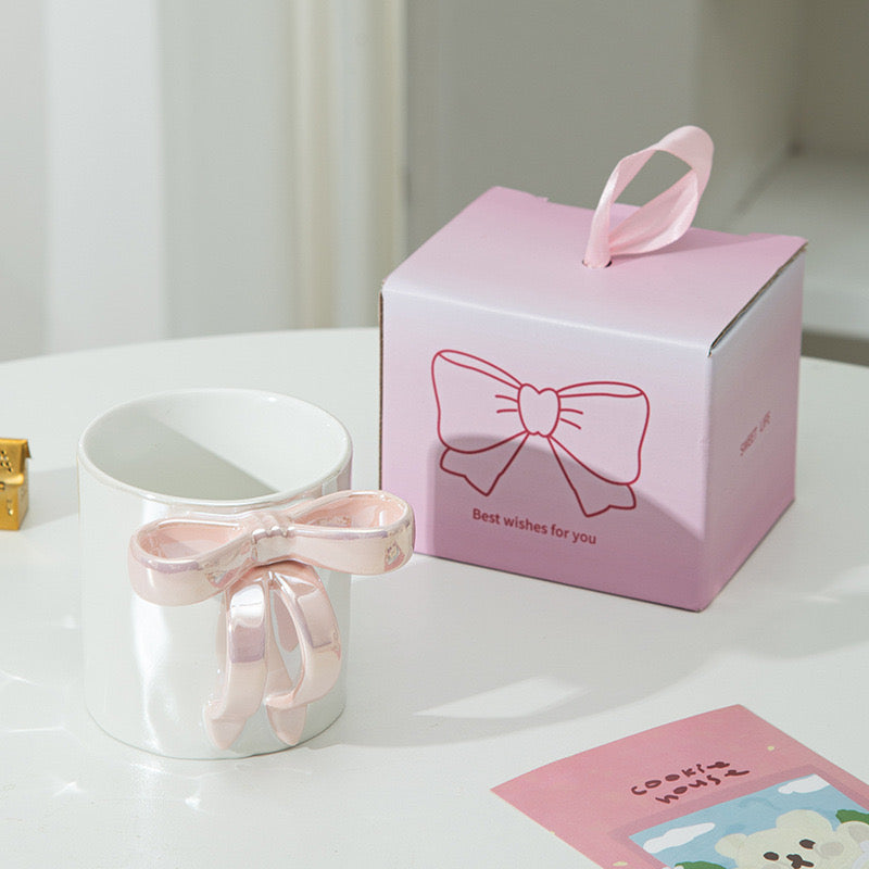Creative Pearl Glaze Bow Ceramic Mug  Girl Heart Coffee Cup Cute Gift Water Mug for Women & Teens