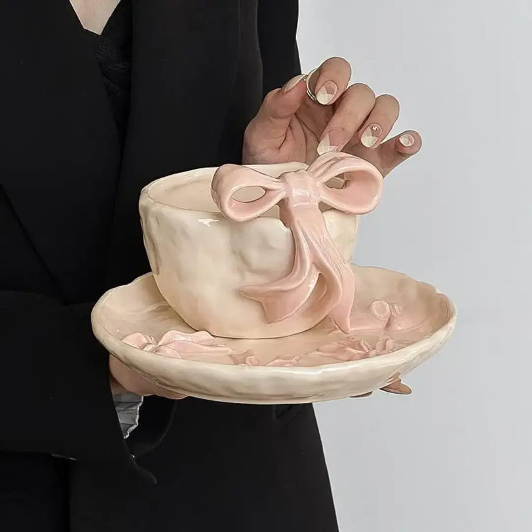 Handmade Ribbon Ceramic Coffee Cup & Saucer Set Luxury Artistic Tea Cup, Aesthetic Gift Sparkels  Sparkels