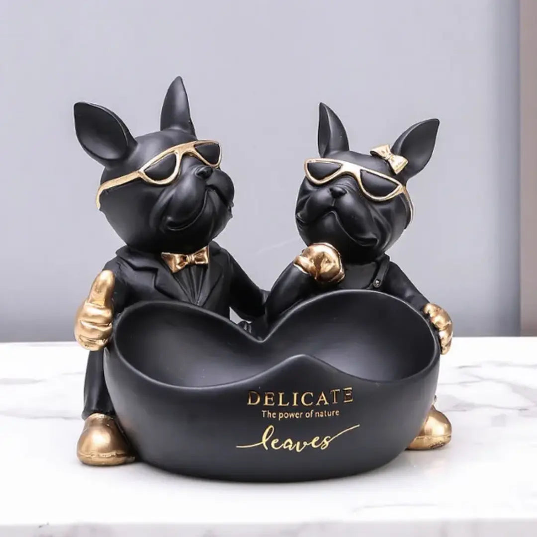 Luxury Bulldog Couple Decorative Bowl  Resin Dog Statue Storage Tray Jewelry Keys & Candy Holder Home Decor Sparkels  Sparkels