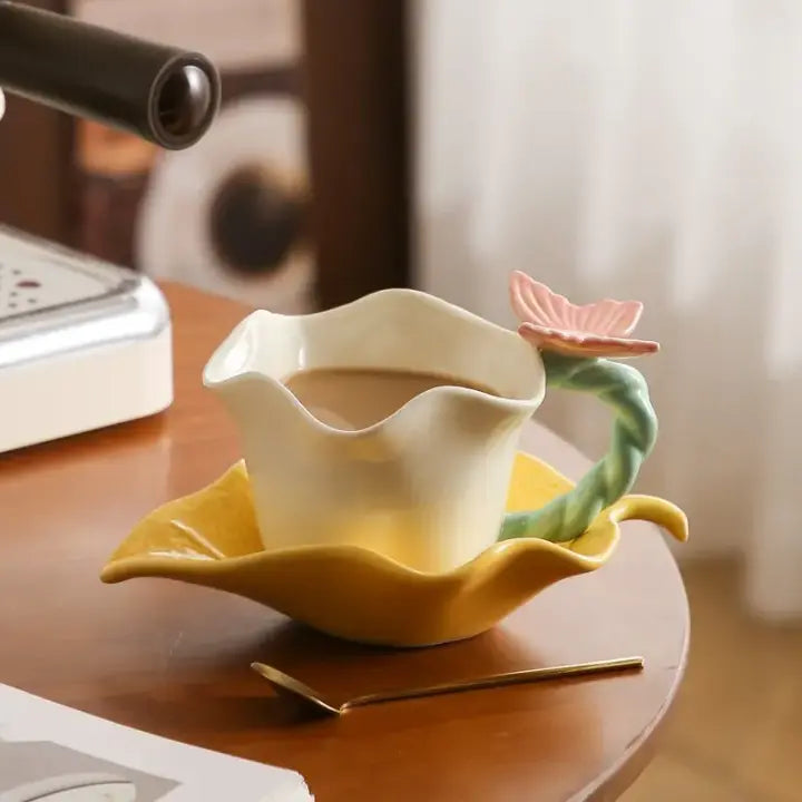 Vintage Flower Tea Cup & Leaf Saucer Set Handcrafted Ceramic Coffee Mug 280ml Sparkels  Sparkels