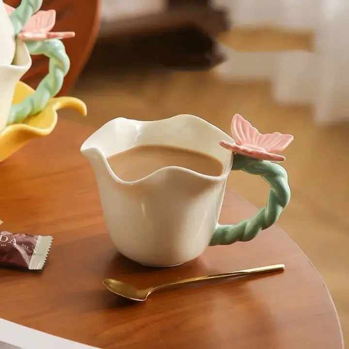 Vintage Flower Tea Cup & Leaf Saucer Set Handcrafted Ceramic Coffee Mug 280ml Sparkels  Sparkels