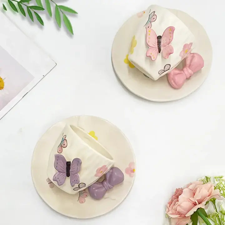 Butterfly Bow Ceramic Tea Cup & Saucer Set Cute Aesthetic Coffee Mug Sparkels  Sparkels