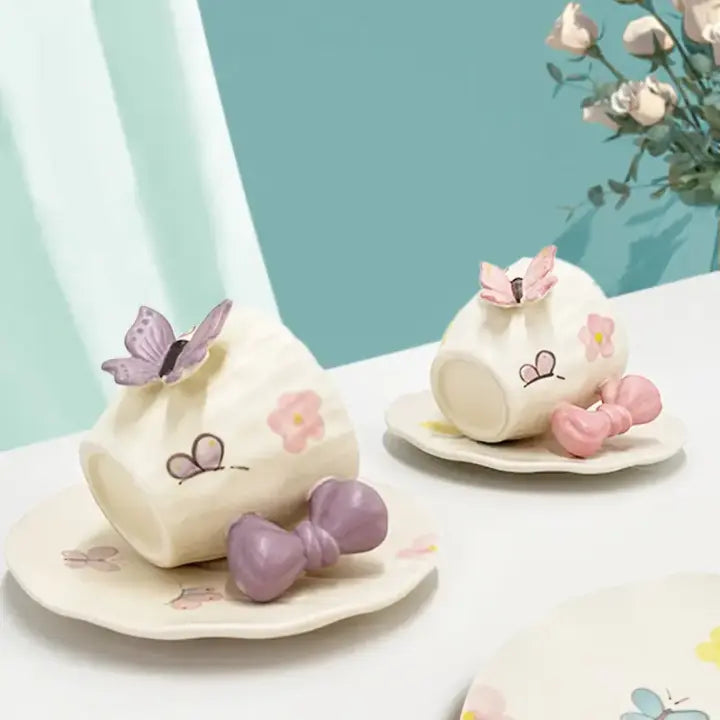 Butterfly Bow Ceramic Tea Cup & Saucer Set Cute Aesthetic Coffee Mug Sparkels  Sparkels