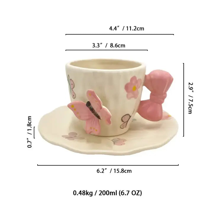 Butterfly Bow Ceramic Tea Cup & Saucer Set Cute Aesthetic Coffee Mug Sparkels  Sparkels