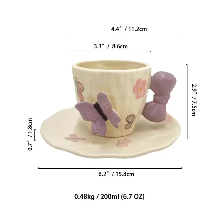 Butterfly Bow Ceramic Tea Cup & Saucer Set Cute Aesthetic Coffee Mug Sparkels  Sparkels