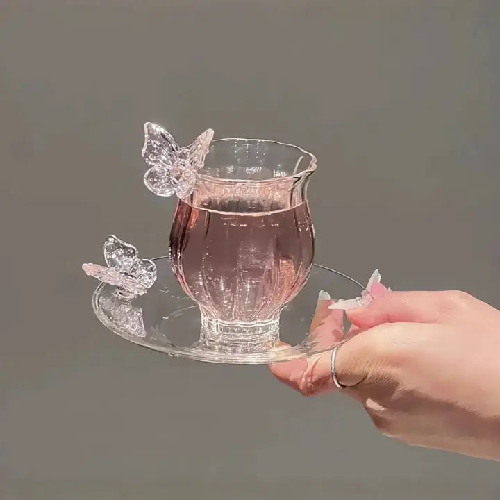 Crystal Butterfly Glass Cup & Saucer Set Sparkels  Sparkels