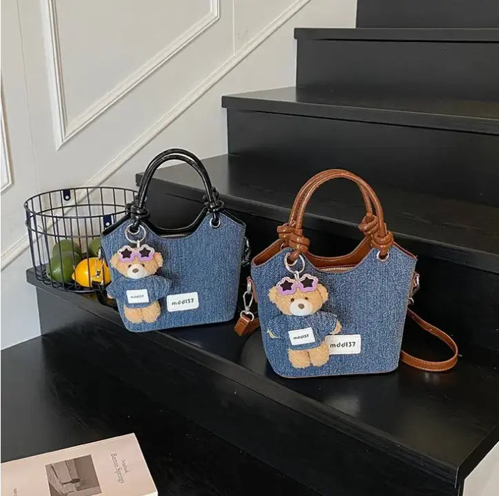 Cute Denim Teddy Bear Handbag Mini Crossbody Tote Bag for Women & Girls Sparkels  Sparkels