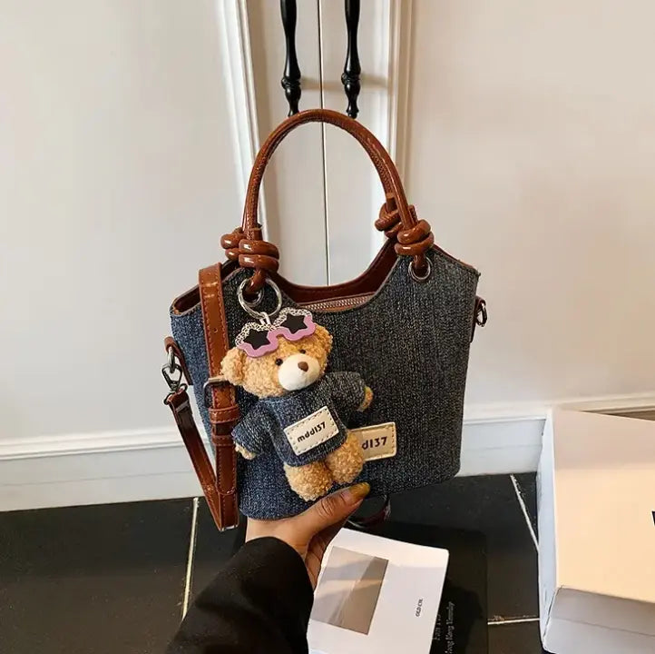 Cute Denim Teddy Bear Handbag Mini Crossbody Tote Bag for Women & Girls Sparkels  Sparkels