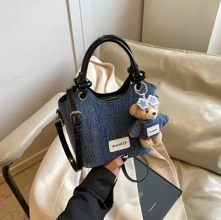 Cute Denim Teddy Bear Handbag Mini Crossbody Tote Bag for Women & Girls Sparkels  Sparkels