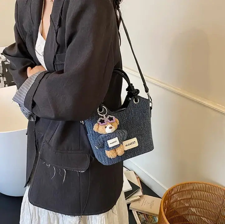 Cute Denim Teddy Bear Handbag Mini Crossbody Tote Bag for Women & Girls Sparkels  Sparkels