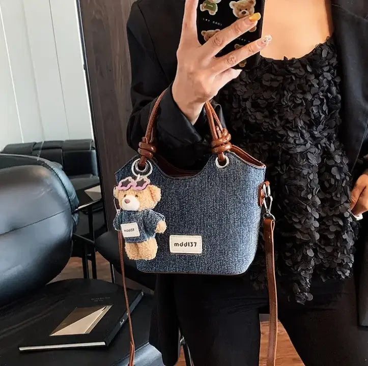 Cute Denim Teddy Bear Handbag Mini Crossbody Tote Bag for Women & Girls Sparkels  Sparkels