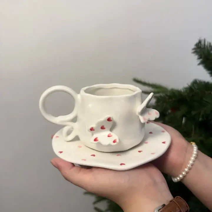 Handmade Butterfly Ceramic Cup & Saucer Set 270ml Cute Floral Aesthetic Coffee & Tea Cup Sparkels  Sparkels