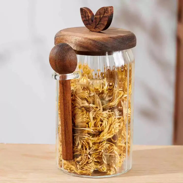 Pack Of 3 Elegant Glass Storage Jar with Wooden Lid & Spoon Airtight Kitchen Container