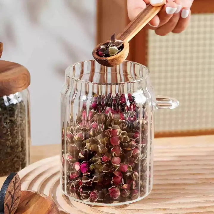 Pack Of 3 Elegant Glass Storage Jar with Wooden Lid & Spoon Airtight Kitchen Container