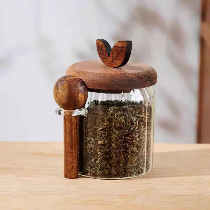 Pack Of 3 Elegant Glass Storage Jar with Wooden Lid & Spoon Airtight Kitchen Container