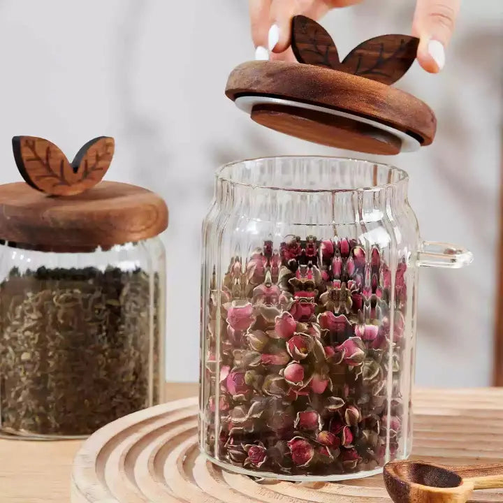 Pack Of 3 Elegant Glass Storage Jar with Wooden Lid & Spoon Airtight Kitchen Container