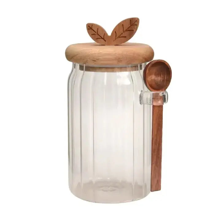 Pack Of 3 Elegant Glass Storage Jar with Wooden Lid & Spoon Airtight Kitchen Container