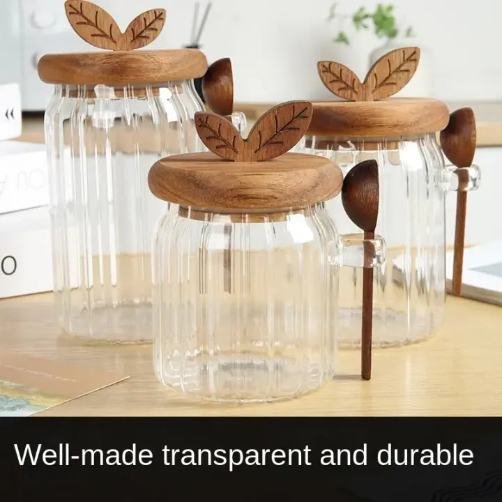 Pack Of 3 Elegant Glass Storage Jar with Wooden Lid & Spoon Airtight Kitchen Container