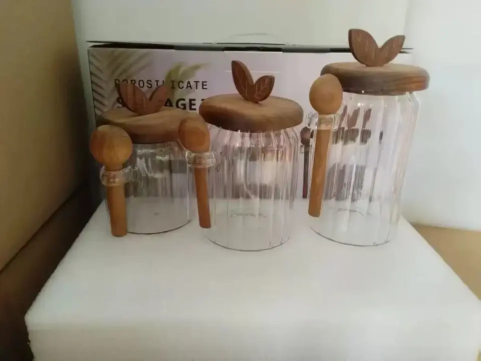 Pack Of 3 Elegant Glass Storage Jar with Wooden Lid & Spoon Airtight Kitchen Container
