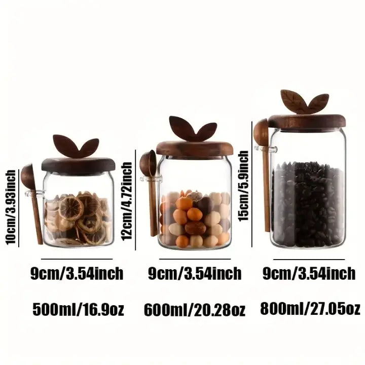 Pack Of 3 Elegant Glass Storage Jar with Wooden Lid & Spoon Airtight Kitchen Container
