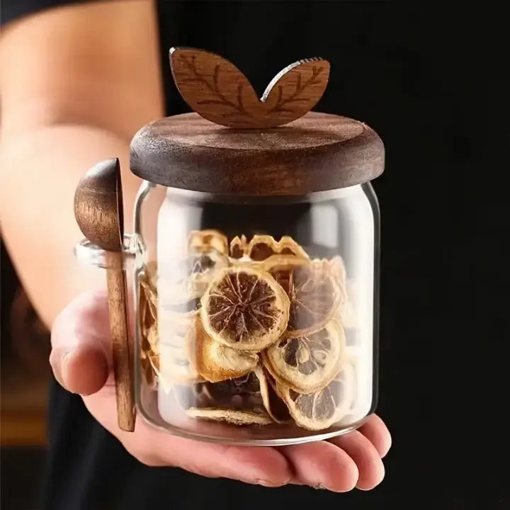 Pack Of 3 Elegant Glass Storage Jar with Wooden Lid & Spoon Airtight Kitchen Container