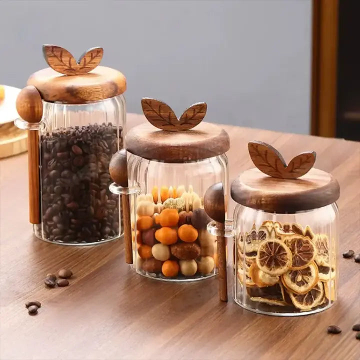 Pack Of 3 Elegant Glass Storage Jar with Wooden Lid & Spoon Airtight Kitchen Container