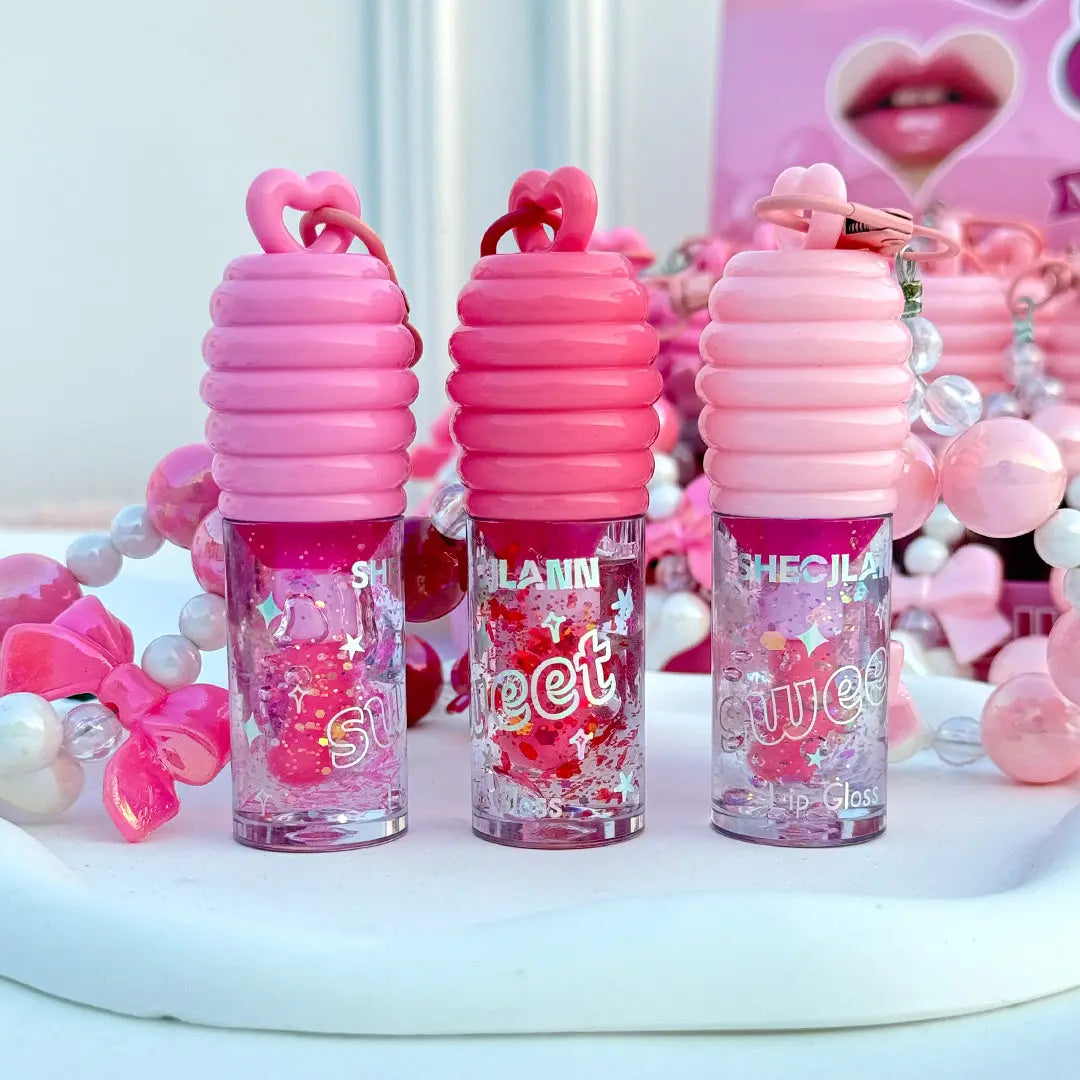 Sweet Heart Lip Gloss Keychain Glitter Moisturizing Lip Gloss with Beaded Bow Charm