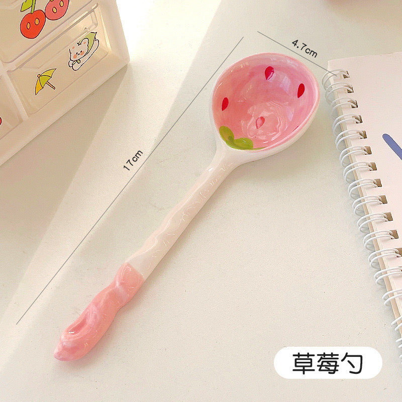 Cute Cartoon Ceramic Bowl with Strawberry & Watermelon Spoon Kids Rice & Soup Bowl Tableware Set
