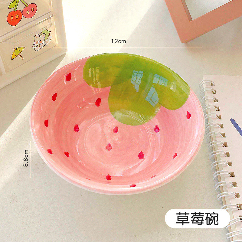 Cute Cartoon Ceramic Bowl with Strawberry & Watermelon Spoon Kids Rice & Soup Bowl Tableware Set