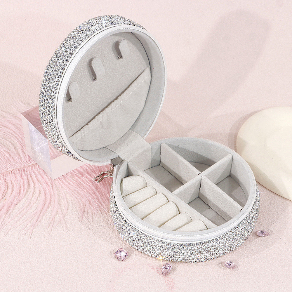 Portable Round Jewelry Box PU Zipper Storage Case for Rings, Earrings & Necklaces