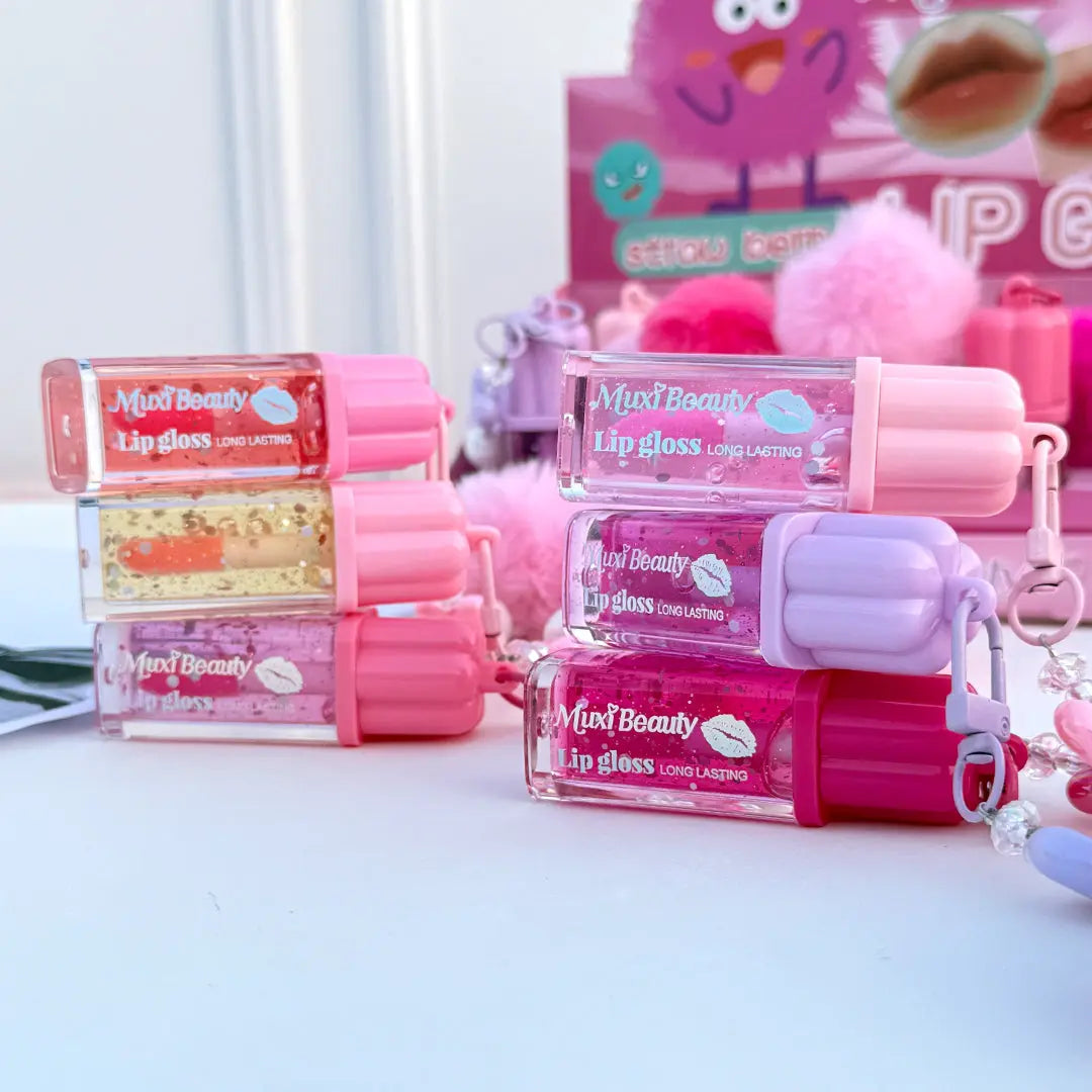 Beauty Lip Gloss Keychain Glitter Moisturizing Lip Gloss with Plush Pom Pom Charm