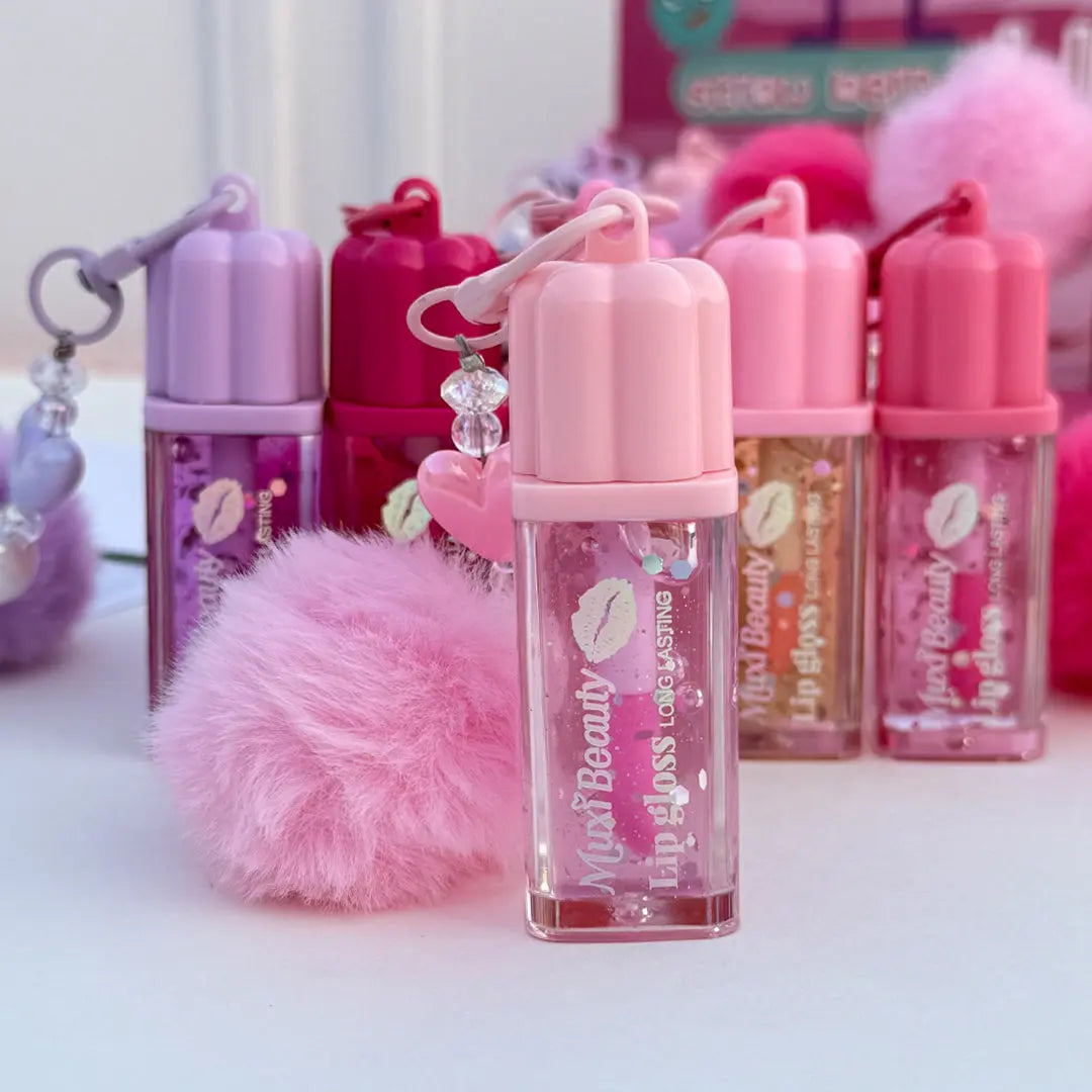 Beauty Lip Gloss Keychain Glitter Moisturizing Lip Gloss with Plush Pom Pom Charm