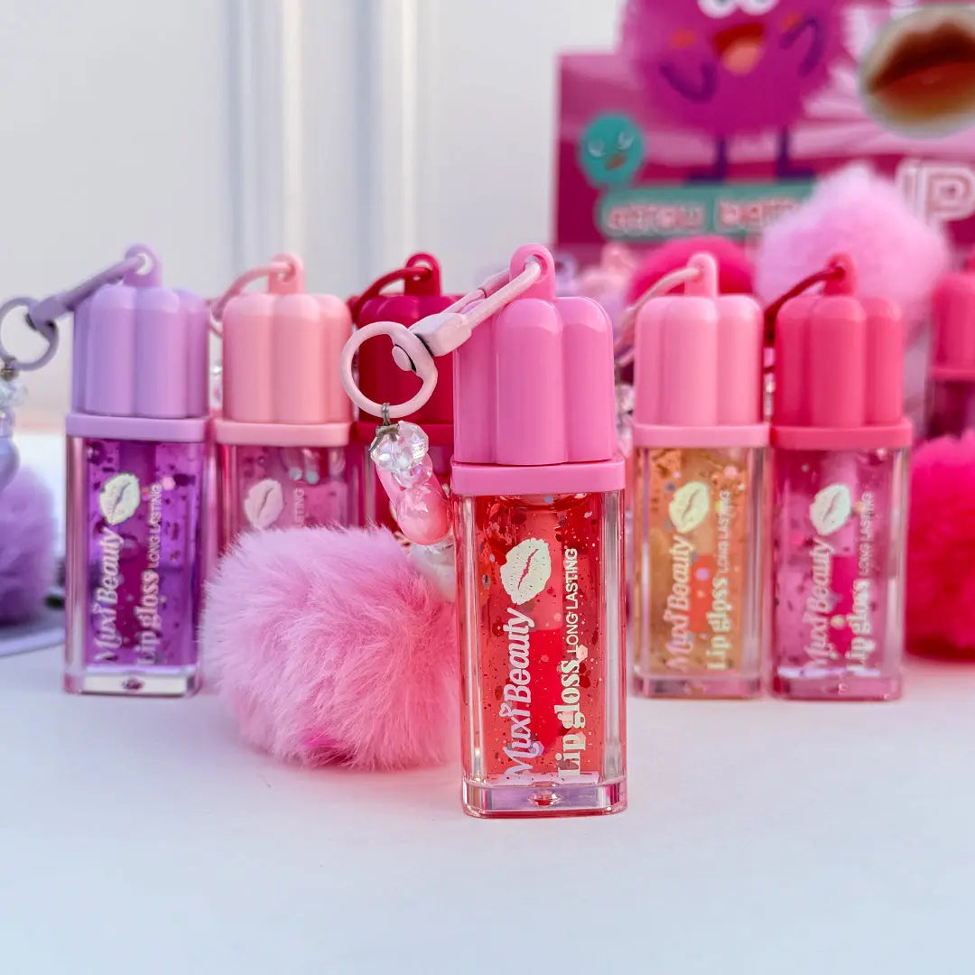 Beauty Lip Gloss Keychain Glitter Moisturizing Lip Gloss with Plush Pom Pom Charm