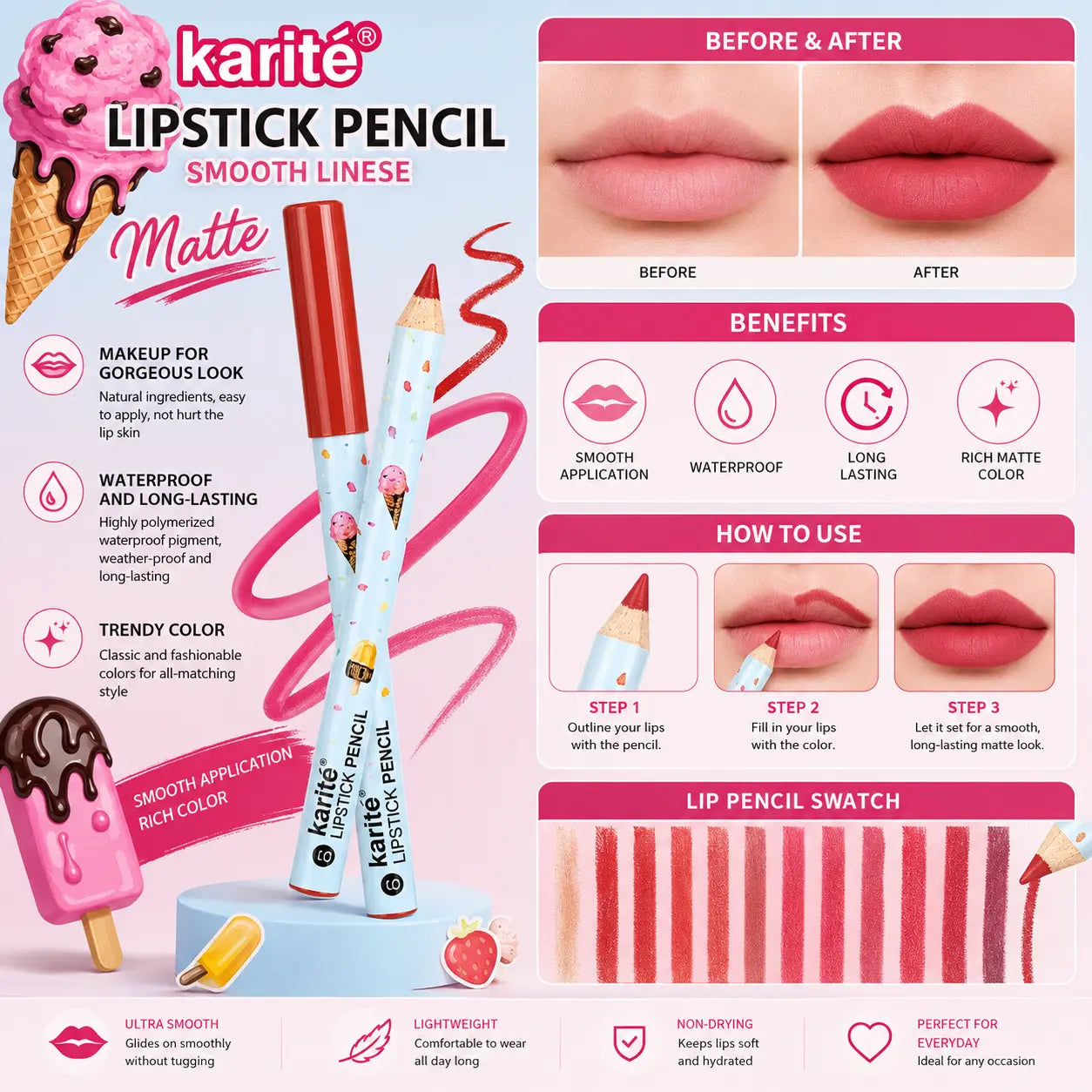 Pack Of 12 Smooth Matte Lipstick Pencil