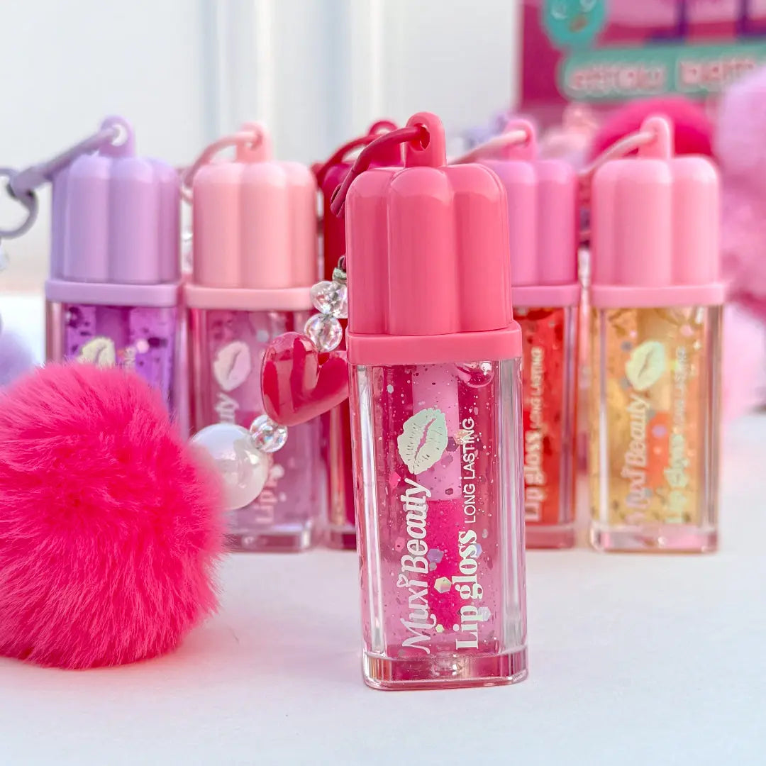 Beauty Lip Gloss Keychain Glitter Moisturizing Lip Gloss with Plush Pom Pom Charm