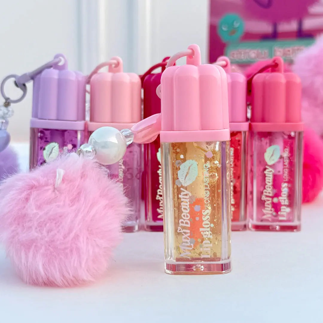 Beauty Lip Gloss Keychain Glitter Moisturizing Lip Gloss with Plush Pom Pom Charm