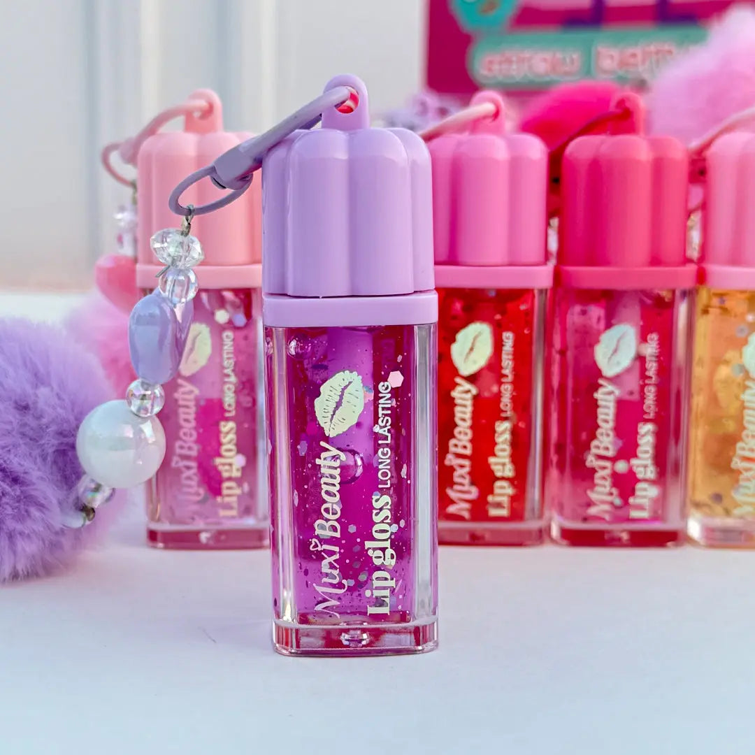 Beauty Lip Gloss Keychain Glitter Moisturizing Lip Gloss with Plush Pom Pom Charm