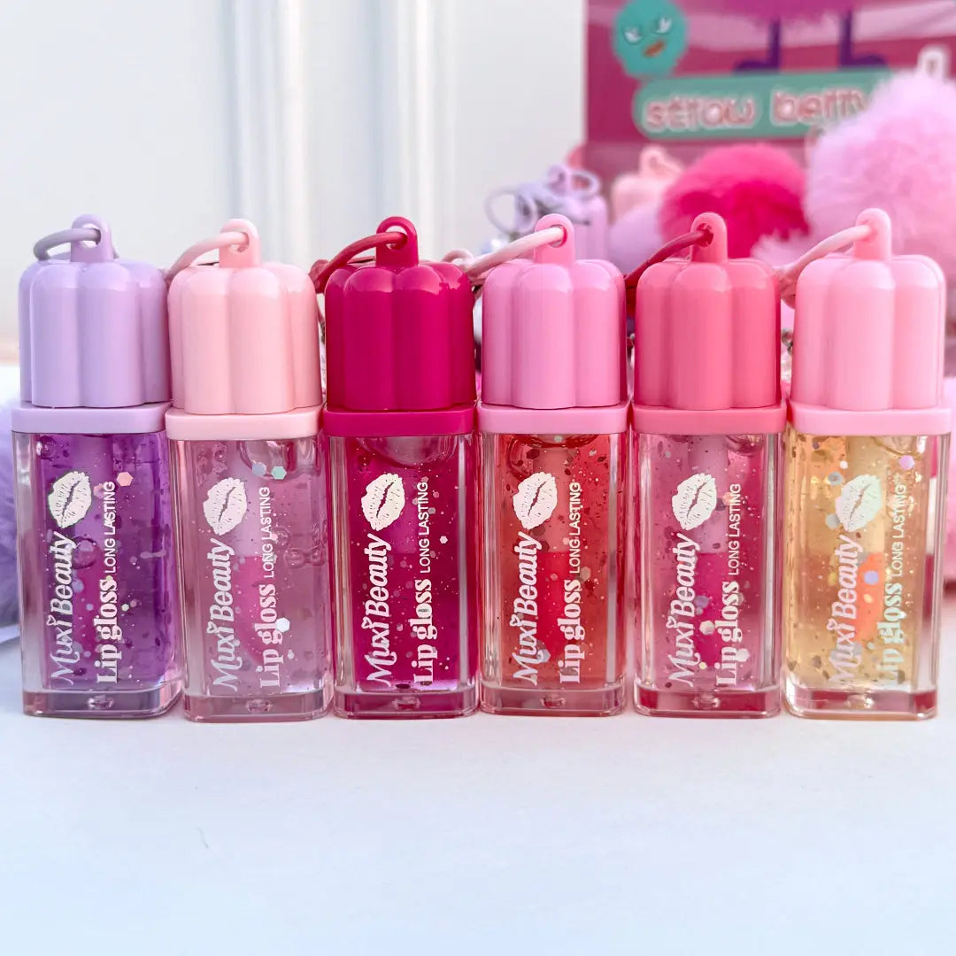 Beauty Lip Gloss Keychain Glitter Moisturizing Lip Gloss with Plush Pom Pom Charm
