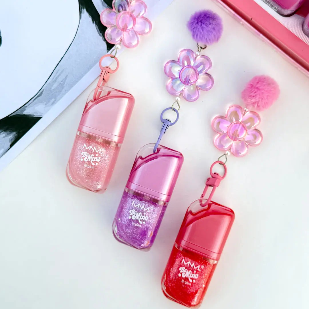 Be Mine Glitter Lip Gloss Keychain Sparkling Hydrating Lip Gloss with Flower Charm & Pom Pom