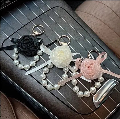 Pearl Rose Keychain Bracelet Elegant Ribbon Flower Charm Bag & Car Key Holder Sparkels  Sparkels