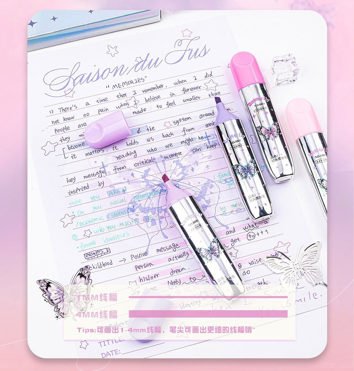 Kawaii Butterfly Pastel Highlighters Soft Dual Tip Markers Aesthetic Study Supplies