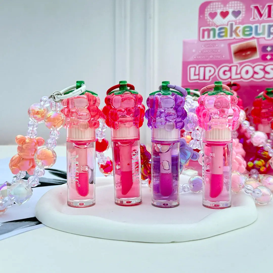 Kawaii Bear & Berry Lip Gloss Keychain Cute Fruit-Inspired Moisturizing Lip Gloss Charm