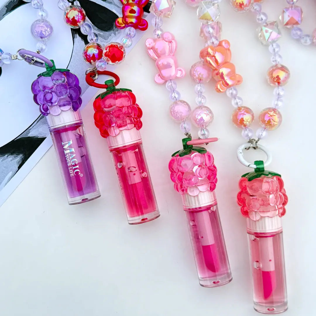 Kawaii Bear & Berry Lip Gloss Keychain Cute Fruit-Inspired Moisturizing Lip Gloss Charm
