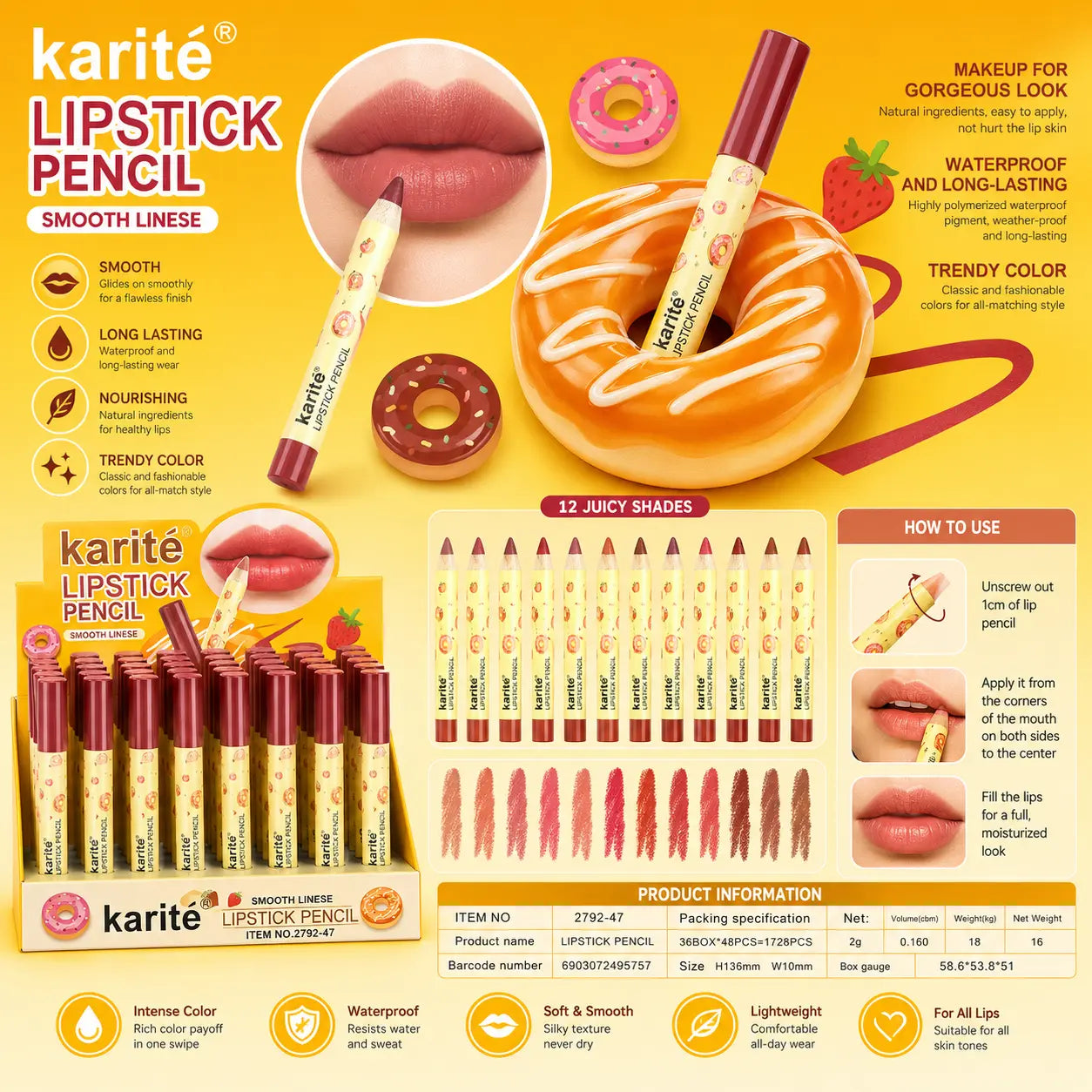 Pack Of 12 Smooth Lines Lipstick Pencil 12 Shades